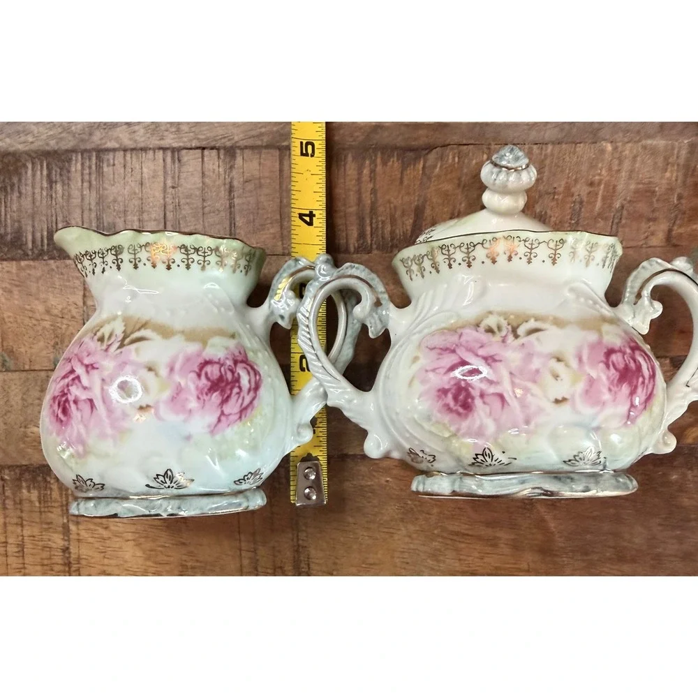 Antique Nippon Hand Painted Porcelain Cabbage Rose Cream and Sugar Set Gold Trim
